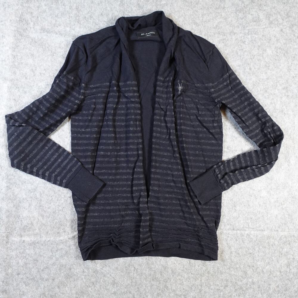 All Saints Sweater Mens Extra Small Cardigan Black and Grey Striped Knit